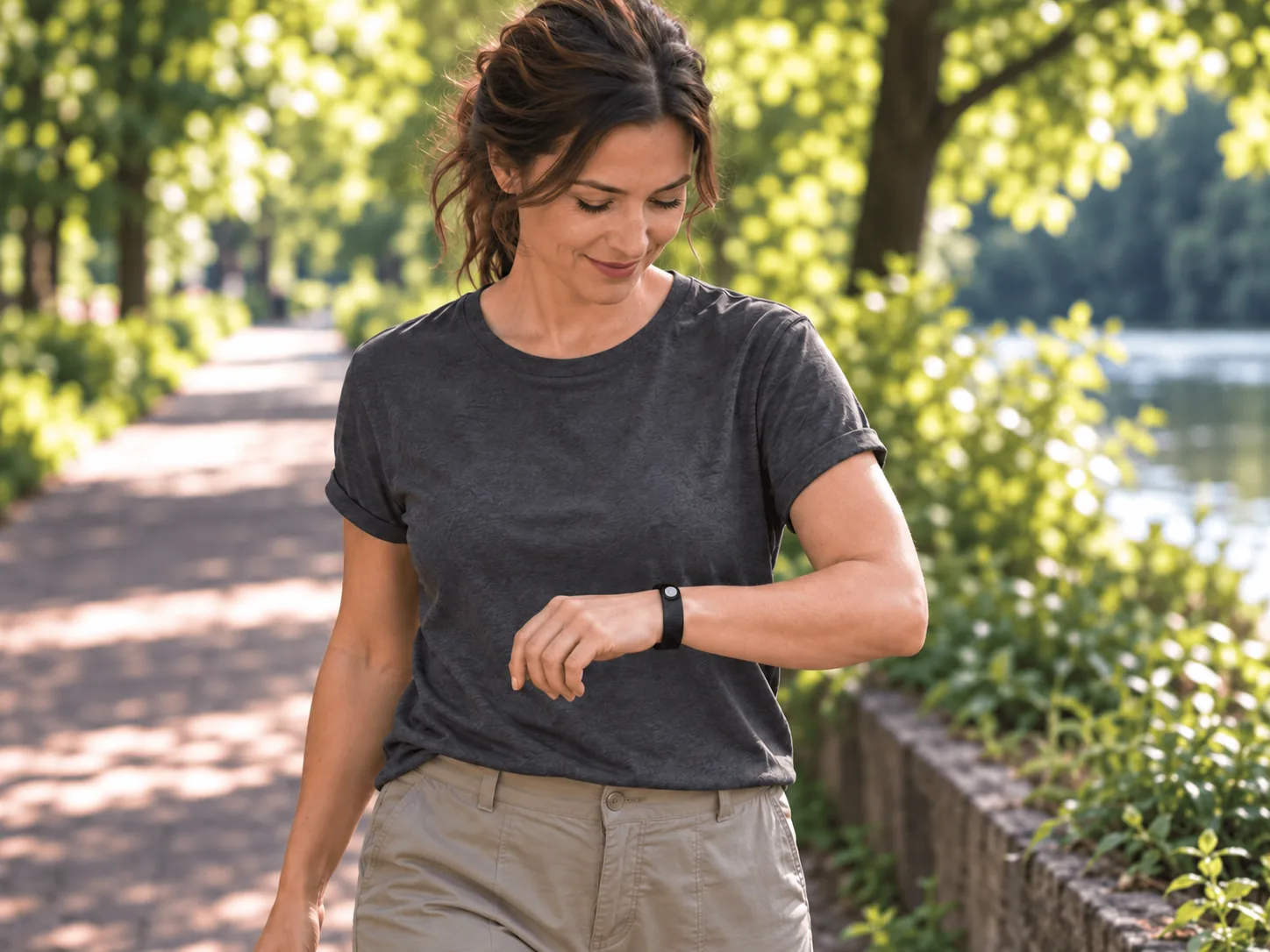 A woman enjoying a sunlit park path with the black FIVE.FIT bracelet on her wrist.